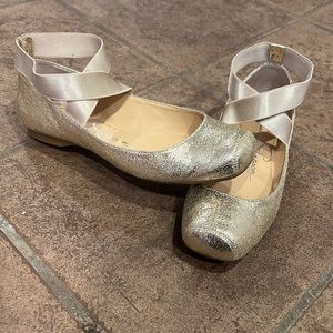 Jessica Simpson Glitter Ballet Flat Gold Champagne 8 EUC Square Toe Ankle Strap
